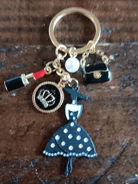Gold-Tone Black Polka Dot Chic Lady Keychain with Charms